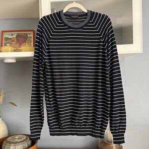 Roberto Collina Navy White Striped Cotton Knit Sweater Mens Size 52 Lightweight